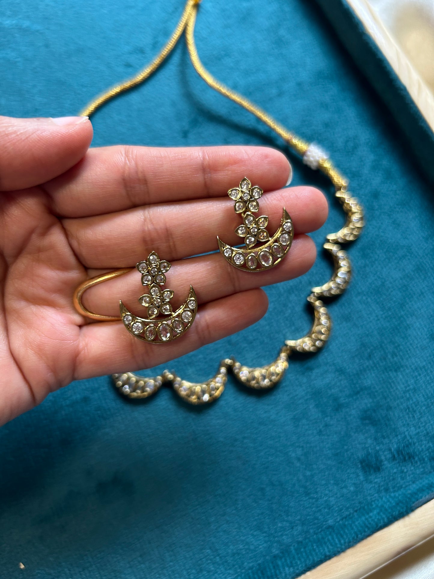 Half Moon White Stone Victorian Style Necklace SN-018